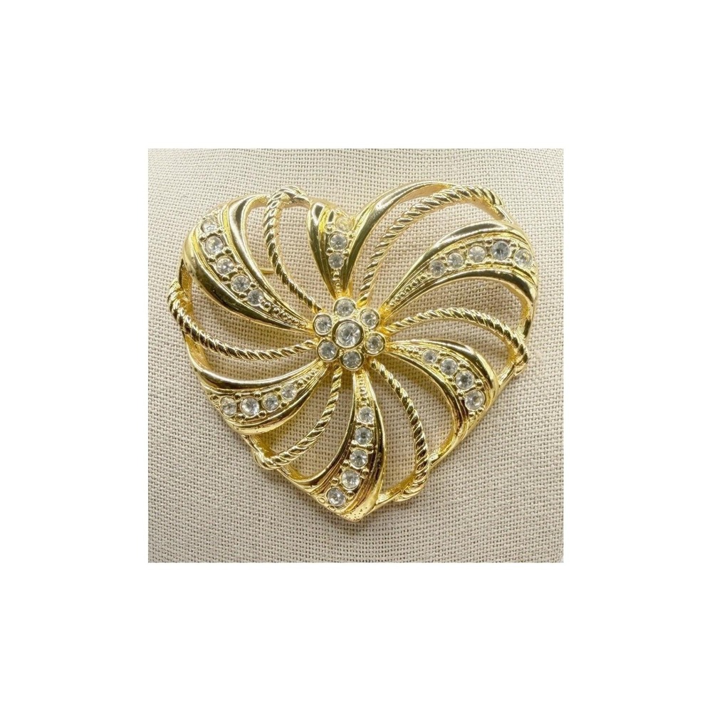 Avon‎ Swirl Heart Rhinestone Large Brooch Gold Tone Vintage